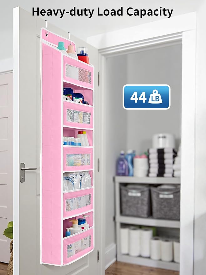 JARLINK Over the Door Organizer for Bedroom, Pantry, Bathroom, 5 Shelf Pink | Anti-Tilt Design, 44 lb Load Capacity, Hanging Door Organizer with 5 Large Capacity Pockets, Behind Door Storage for Nursery - Image 6