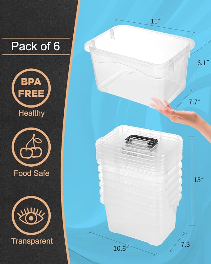 EOENVIVS Plastic Storage Bins with Lids 6 Packs, 7 Quart Storage Organizer Bins with Buckle-Up Latches and Handle, Stackable Storage Containers for Home Pantry Office Classroom Organization, Clear - Image 2