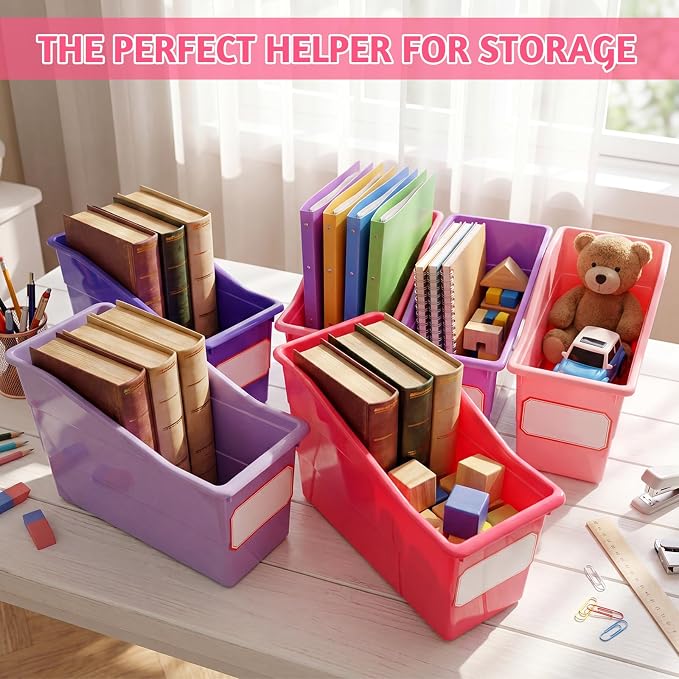 Teling 12 Pcs Book Bins Bulk for Classroom Storage Plastic Magazine Holder with Label Interlocking File Folder Organizer Binder Container Box for School Office Desktop Bookshelf Home (Pink Purple) - Image 5