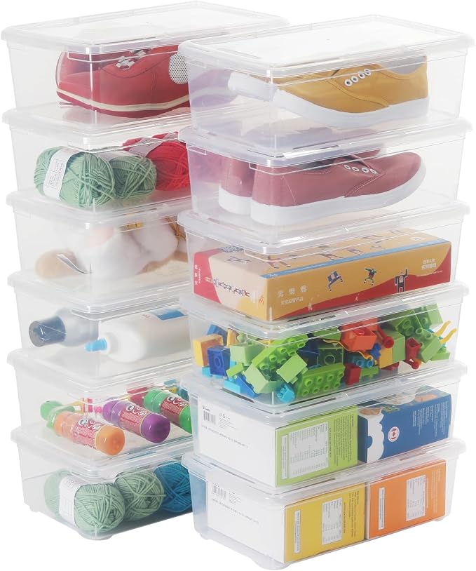 Stackable Plastic Storage Shoebox, BPA-Free Nestable Container with Latching Lid to Organize Shoes, See-Through Box for Home and Office, Multi-Purpose Clear Bins (12 Pack 6 Quart) | BPA-Free, Nestable, Home and Office, Latching Lid, Multi-Purpose by OMNISAFE