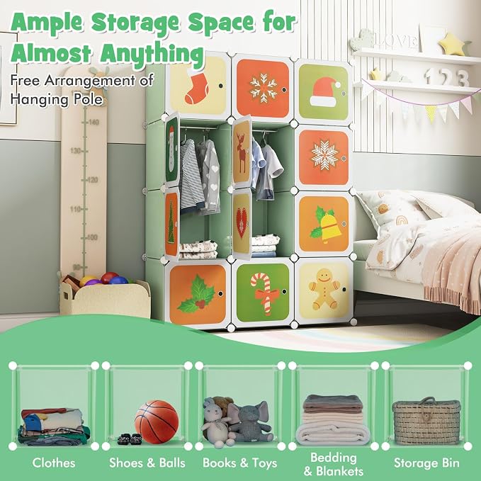HONEY JOY Kids Wardrobe Closet, Baby Cartoon Clothes Storage Organizer, 12 Cubes & 2 Hanging Sections, Portable Children DIY Modular Bedroom Armoire Dresser Cabinet for Boys Girls (Green) - Image 6