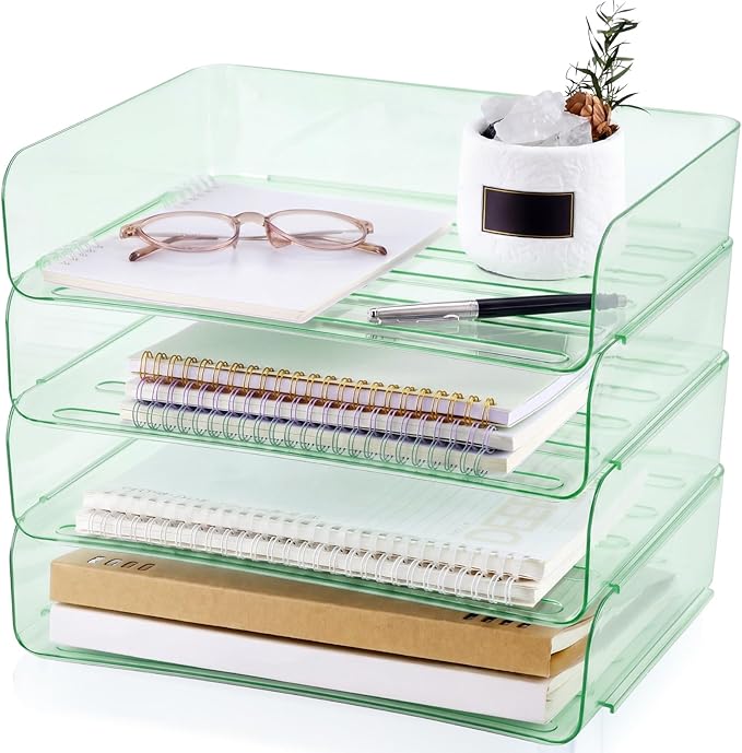 Harloon 4 Tier Clear Sage Green Acrylic Paper Organizer Letter Tray, Aesthetic Stackable Desk File Organizer Paper Holder Office Tray for A4, Modern Office Classroom Home File Pad Books Notes by Muasung