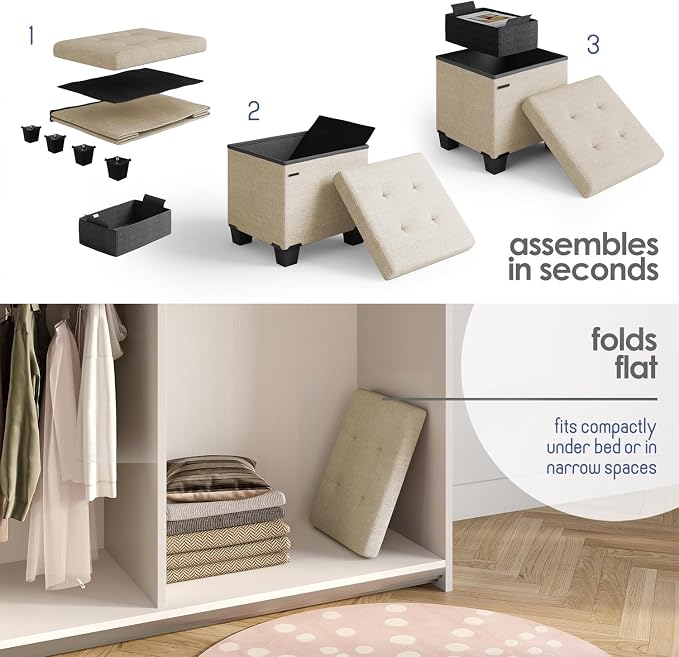 Storage Ottoman Cube with Small Bin, 15-in Square Ottoman with Storage for Living Room and Bedroom, Small Ottomans Foot Rest, Fabric Foot Stools Ottomans Max 330lbs, Beige - Image 8