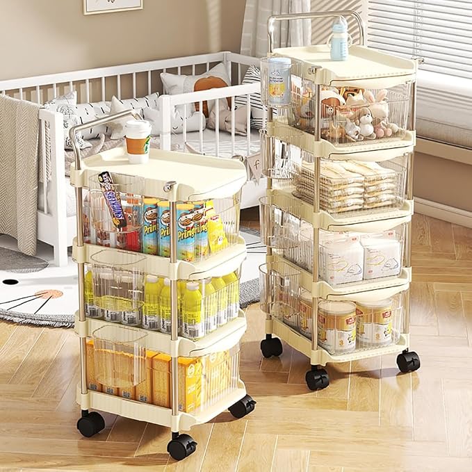 Baby Diaper Caddy Cart Organizer - Plastic Movable Cart Drawers with Hanging Basket, Rolling Utility Diaper Storage Caddy Organizer for Changing Table & Crib, Nursery, Bedroom (3 Tier) - Image 3