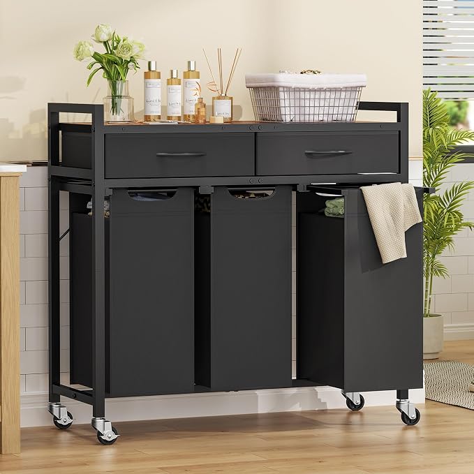 Laundry Sorter 3 Section, 120 L Laundry Hamper with 2 Drawers & 2-tone Top Panel, Rolling Laundry Basket Organizer with Pull-Out Removable Oxford Fabric Bags for Laundry Room Organization UNZYL006BVV3 - Image 9