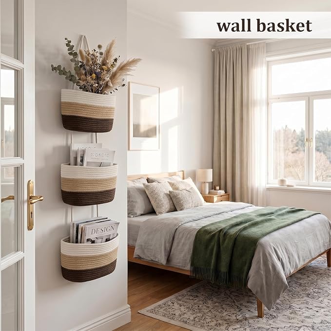 TeoKJ Over the Door Hanging Basket, 3-Tier Woven Cotton Wall-Mounted Storage Organizer Bag Decorative Hanging Nursery Baskets，Gradient Brown - Image 3