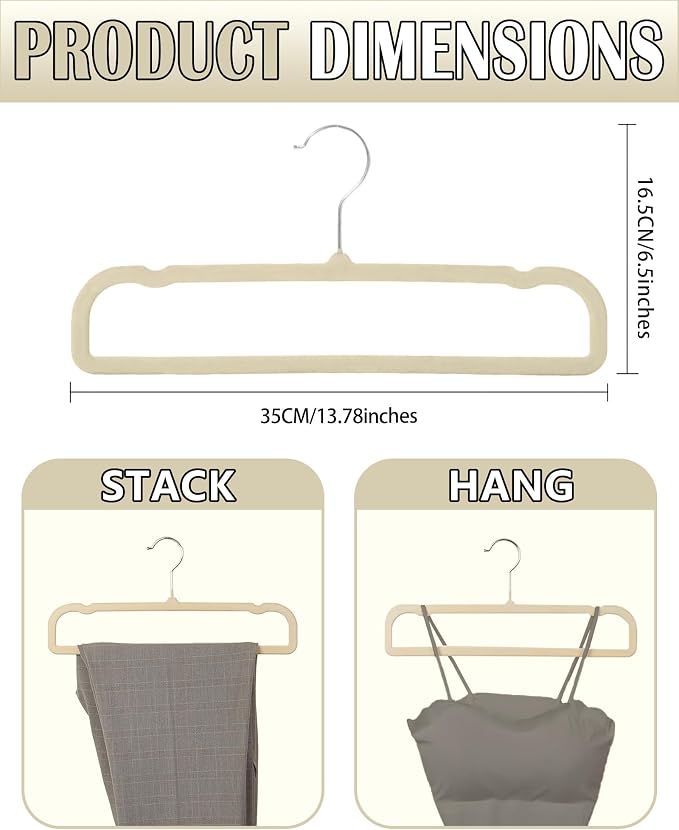 Velvet Hangers Non Slip - 20 Pack Pants Hangers for Closet - Thin Space Saving Clothes Hanger - Strong, Durable, Jean Perchas with 360 Degree Rotatable Hook for Tank Top (Beige Silver Hook) - Image 2