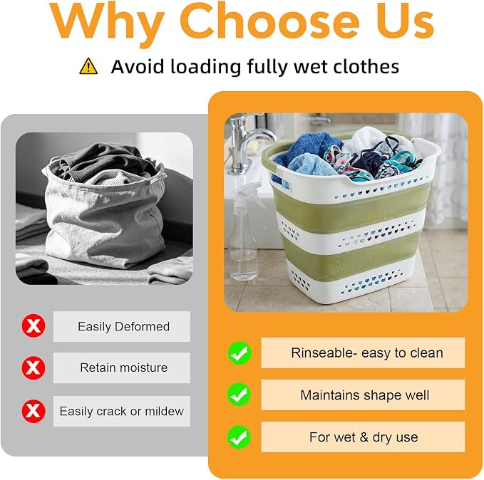2 Pcs 42L/11.2 Gal Collapsible Laundry Basket - Foldable Plastic Pop Up Hamper with Handles, Space-Saving Storage Organizer for Wet & Dry Clothes, Ideal for Home, Dorm and Apartment Use Green - Image 6
