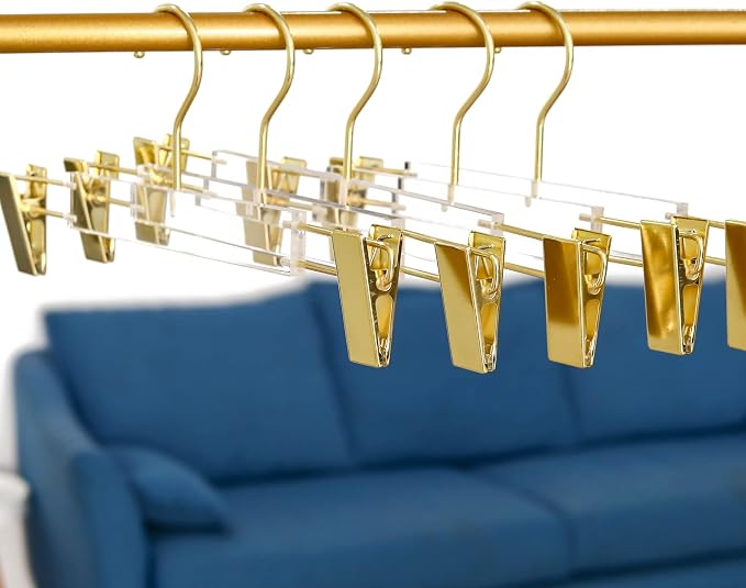 Acrylic Hangers,Clear Hangers with Gold Hooks,Luxurious Skirt Pants Hangers Gold Clips for Clothing Closet Storage 15 pcs - Image 2