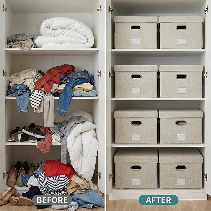Storage Bins with Lids [3-Pack] Linen Fabric Foldable Storage Boxes Organizer Containers Baskets Cube with Cover for Bedroom Closet Office Beige (23.4X15.9X11.4) - Image 5