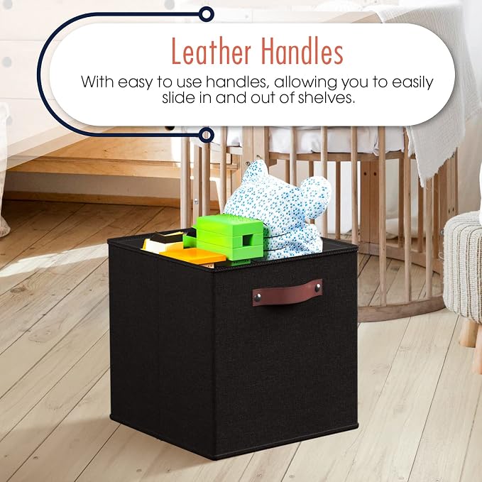 Ornavo Home 11x11 Foldable Fabric Storage Cube Bins, 6 Pack, Black | Collapsible Linen Shelf Basket Organizer; Leather Handles; Ideal Cube Storage For Closet - Image 5