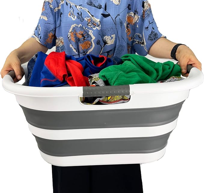SAMMART 40L (10.5 gallon) Set of 2 Plastic Foldable Laundry Basket - Collapsible, Space Saving and Portable Laundry Hamper, Ideal for Home, Travel, Dorm, and Camping (2, White/Steel Gray) - Image 7