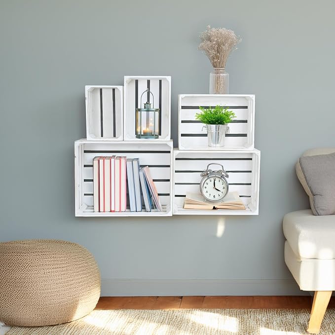 5-Piece Rustic White Wooden Crates Set, Wall Mountable Slatted Storage Crates with Handles, Farmhouse Wooden Crates for Display & Organizer for Home Decor - Image 5