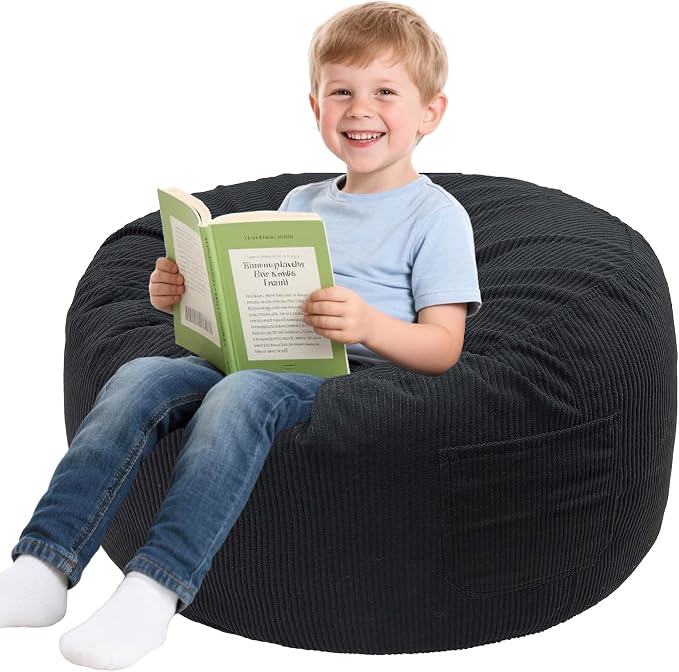 Lukeight Bean Bag Chair for Kids Teens, Memory Foam Filled Floor Lounger, Washable Velvet Cover with Inner Liner, Beanbag Chair with Filling for Gaming and Reading, Black, Large 27" D x 16" H by Lukeight