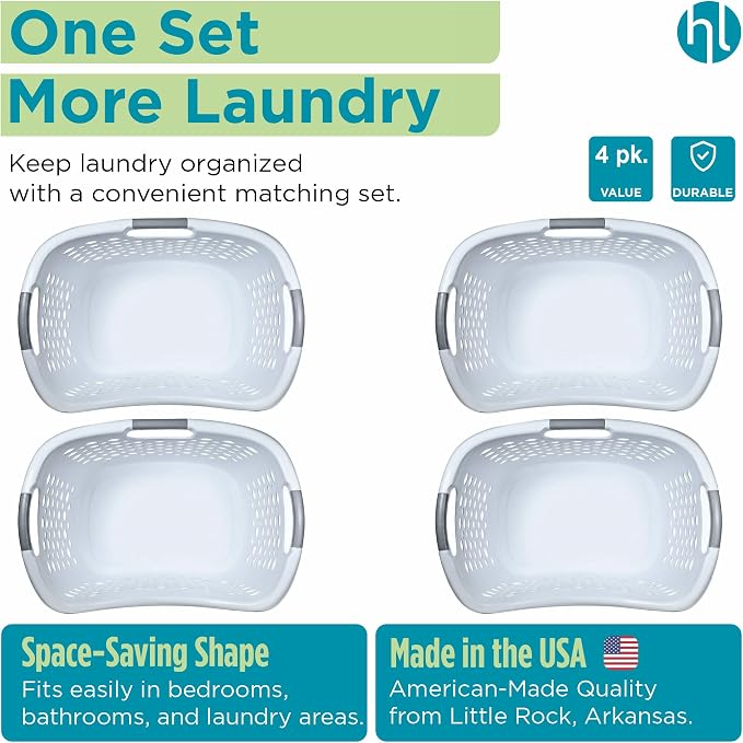 Home Logic 1.75 Bushel Plastic Laundry Basket with Hip Grip, Large Laundry Hamper with Handles, Ventilated Clothes Organizer for Bedroom Bathroom Closet, 4 Pack, White - Image 6