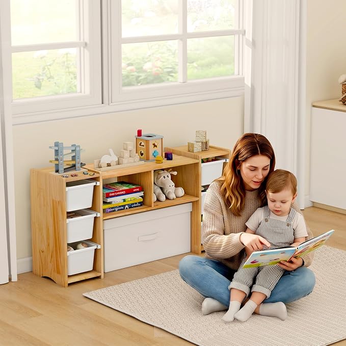 MallBest Montessori Shelf for Kids - 100% Solid Pine Wood with 6 Removable Plastic Bins, Toy Storage Organizer Cabinet for Playroom, Bedroom & Nursery (Natural) - Image 3