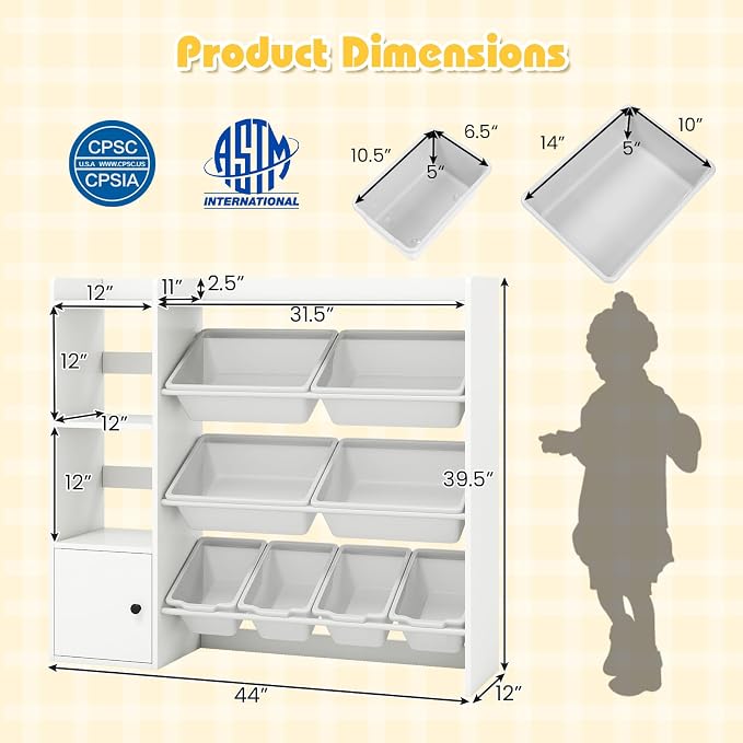 Costzon Kids Toy Storage Organizer w/ 8 Bins, Wooden Toddler Bookcase w/Open Shelves & Cabinet, Multifunctional Toy Storage Cabinet for Kids Room, Nursery & Playroom - Image 2