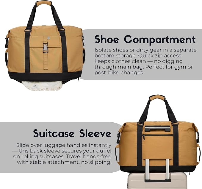 Duffel with Utility Pouch, 40L Weekender Overnight Bag with Shoe Compartment for Travel and Sports (Brown and black) - Image 6