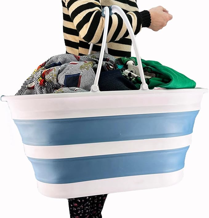 SAMMART 38L (10 Gallons) Collapsible Plastic Laundry Basket - Foldable Storage Container/Organizer - Portable Washing Tub - Space Saving Laundry Hamper (White/Adriatic Blue) - Image 6