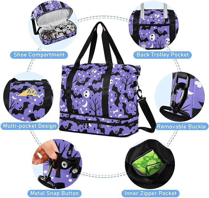 Travel Duffel Tote Bag Bats Satellites Skulls and Trees Sports Duffel Bag with Wet Pocket Weekender Overnight Bag for Women Men Gym Bag, Carry On Bag Hospital Bag for Labor and Delivery - Image 4