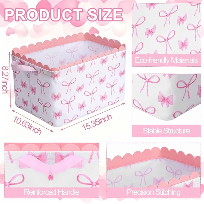 CHENGU 6 Pcs Pink Bow Storage Basket Large Collapsible Scalloped Storage Bin with Handle Preppy Girls Organizer Canvas Basket Candy Holiday Decor for Party Bedrooms Closet Nursery Home Decoration - Image 3
