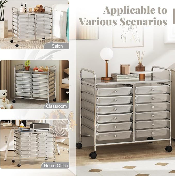 RELAX4LIFE 12-Drawer Rolling Storage Cart - Mobile Utility Cart on Wheels for School Classroom Teacher Office Salon, Paper File Art Supply Craft Organizer, Rolling Cart with Drawers (Clear) - Image 7
