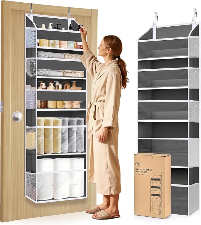 5 Tiers Over Door Organizer with 10 Mesh Side Pockets, 44 lbs Weight Capacity Hanging Storage Organizer with Clear Window Kids Toys, Shoes, Diapers, Dark Gray by ORDOVIBE