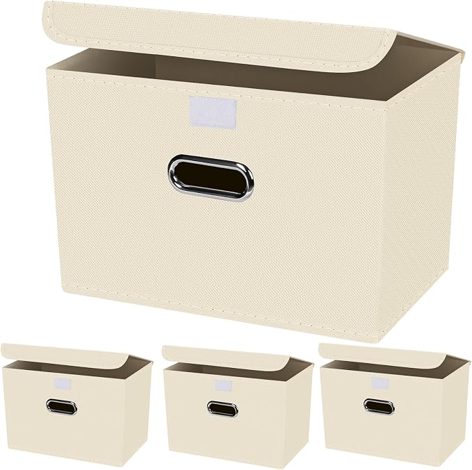 4-Pack Large Collapsible Storage Bins with Lids,Fabric Storage Cubes Organizer for Shelves,Closet,Nursery,Foldable Cube Storage Baskets with Handles,Home Boxes (14.9"x9.8",Creamy-White) by SEVENDOME