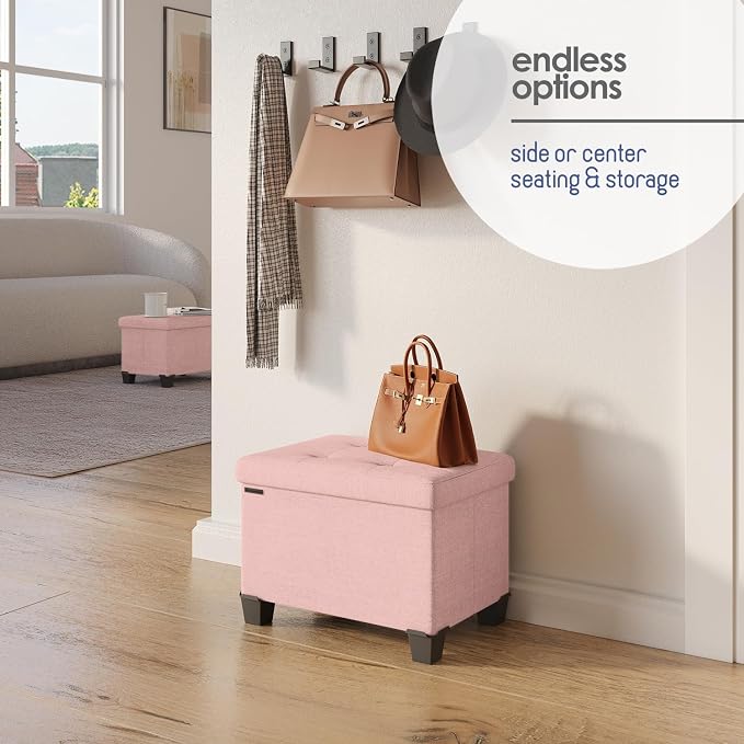 Storage Ottoman Cube with Small Bin, 16-in Square Ottoman with Storage for Living Room and Bedroom, Small Ottomans Foot Rest, Fabric Foot Stools Ottomans Max 330lbs, Pink - Image 6