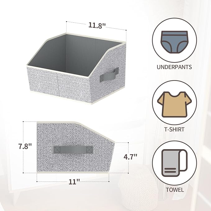 Storage Bins for Shelves - Small Trapezoid Closet Shelf Organizer, Fabric Organization Bins with Handles, Storage Baskets for Clothes, Towel, Purse, 4 Pack, Light Gray - Image 3