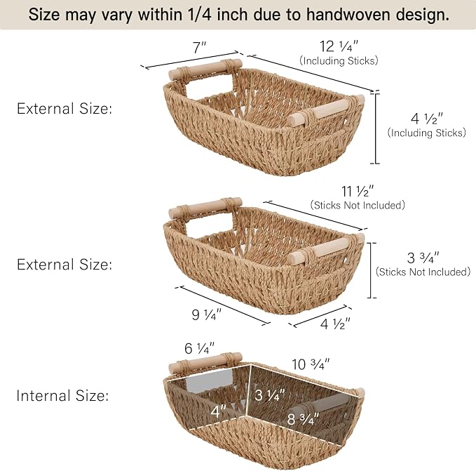 StorageWorks Hand-Woven Small Wicker Baskets, Round Paper Rope Storage Baskets with Wooden Handles, Light Brown, 2-Pack | Wicker Storage Baskets for Shelves, Baskets with Wooden Handles, 2-Pack Gifts Basket for Home Decor, Hand-Woven Basket - Image 2
