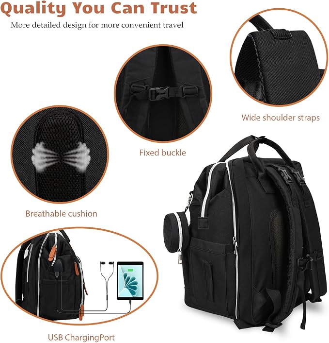 Diaper Bag Backpack for New Parents, Large Capacity Baby Travel Bag with Bottle Holders, Multiple Compartments (Black) - Image 7