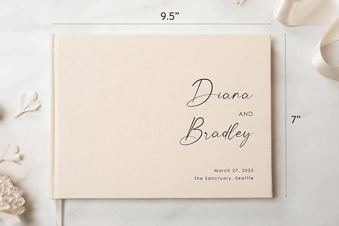 Personalized Linen Guest Book (Design 3) - 9 x 7.5 Hardcover Custom Wedding Guestbook Bride Groom Name Date Location Venue, Reception Ceremony Engagement Party Keepsake Signing Book w/ 120 Blank Pages - Image 2
