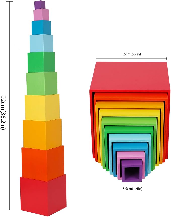 TOWO Wooden Stacking Boxes, Rainbow Nesting Sorting Cups for Toddlers | Rainbow wooden stacking cubes support color sorting, nesting and early learning; Montessori toy for toddlers age 2+ - Image 5