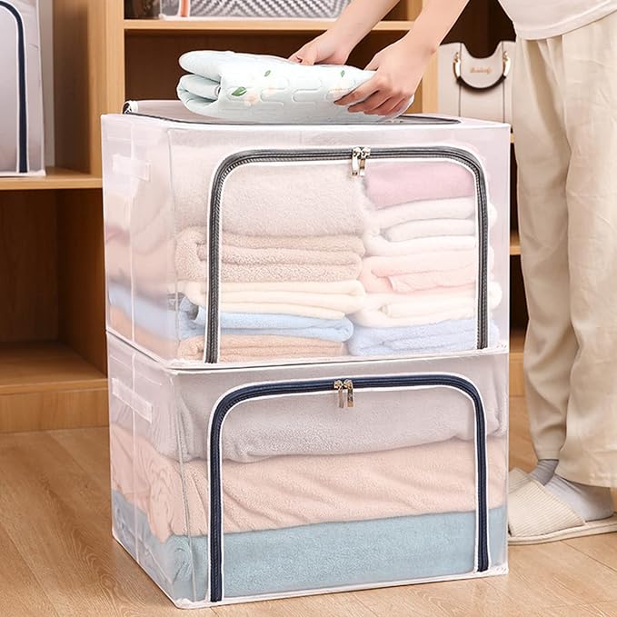 110L Large Foldable Storage Bins Organizer with Durable Handles, Metal Frame, for Clothing | Bed Sheets | Blanket | Comforters | Pillows | Toys, 3 Pack, Clear & Gray Zipper - Image 6