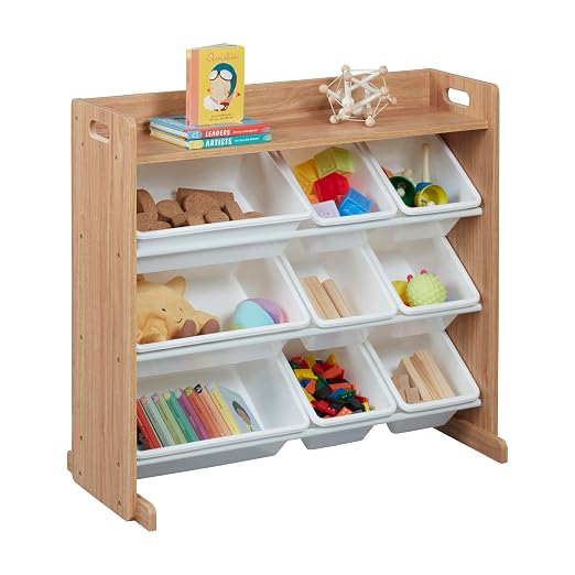 ECR4Kids 3-Tier Organizer with Shelf and 9 Bins, Toy Storage, Dark Natural/White | Durable plastic bins, MDF panels, steel frame, GREENGUARD Gold Certified, 36 lb capacity, anti-tip kit, playroom/classroom - Image 12