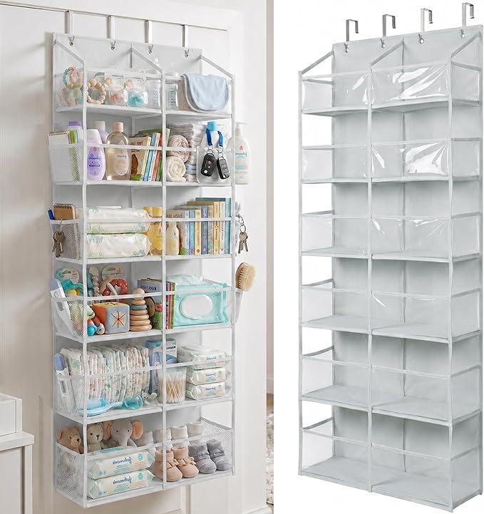 Over the Door Organizer, 6-Tier XL, 100D Fabric, Transparent | Extra wide over the door organizer, 65 lb capacity, 12 side mesh pockets, heavy-duty 100D fabric, bedroom & nursery storage by HomeluxTheory