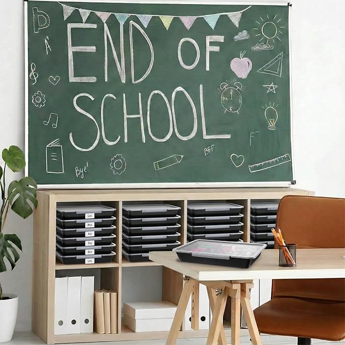 12 Pcs Classroom Paper Storage Bins with Clear Latching Lids Labels, Letter Size Stackable Flat Trays Container Paper Organizer for Teacher Back to School Office Arts Crafts (Black,13x10in) - Image 4