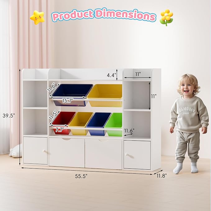 Xilingol Kids Storage Organizer W/6 Removable Bins, 4-Tier Organizers W/6 Storage Cubbies and 2 Movable Drawers, Kid Bookshelf and Storage for Playroom, Bedroom, Kids Room (Multicolor) - Image 2