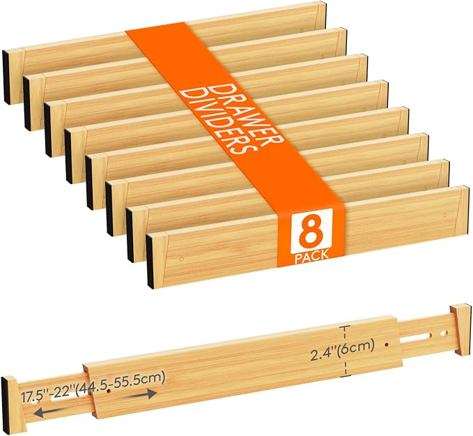 Lifewit 2.4" Kitchen Drawer Dividers, Adjustable Bamboo Drawer Organizers | 8 Pack 17.5"-22" Expandable Drawer Separator for Clothes, Utensils, Dresser, Cabinet, Closet, Nursery Organization & Storage by Lifewit