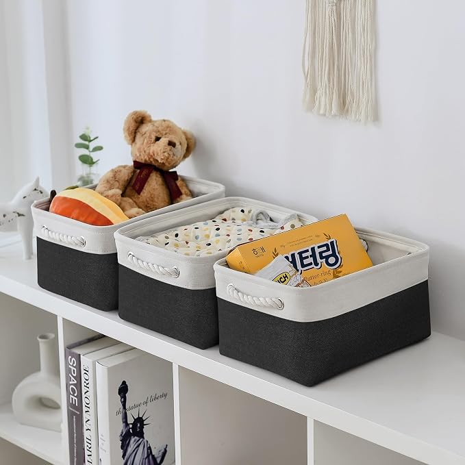 Storage Basket for Organizing - 3 Pack 13.8x9.8x6.7 inch Medium Collapsible Storage Bin for Shelves with Handles Organizer Closet Cubes Cloth Gift Toy (White & Black) - Image 3