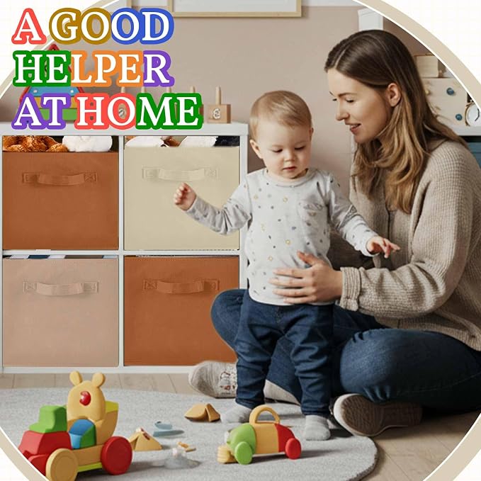Yinder 4 Pcs Cube Storage Bin Brown 10.5''x10.5''x11'' Storage Bins for Playroom Decor Colorful Bins for Kids Foldable Baskets for Nursery Organizer Boxes Fabric Boxes - Image 5