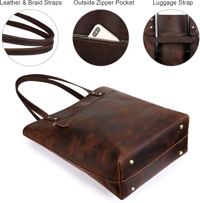 S-ZONE Leather Tote Bag for Women Work Handbag with Luggage Sleeve | Top Grain Genuine Leather, Padded Laptop Compartment, Multi Pockets, Large Retro Purse, Travel Everyday - Image 4