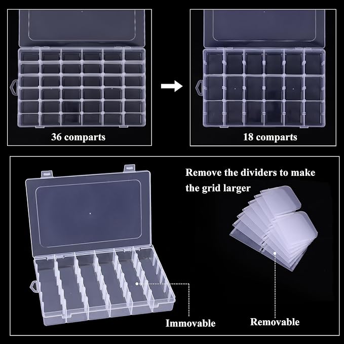 Bead Organizer Storage 8 Pack 36 Grid Jewelry Tackle Craft Box Adjustable | Clear Plastic, Adjustable Dividers, Label Stickers Included, for Beads Jewelry Crafts Fishing Tackle and Small Parts - Image 4