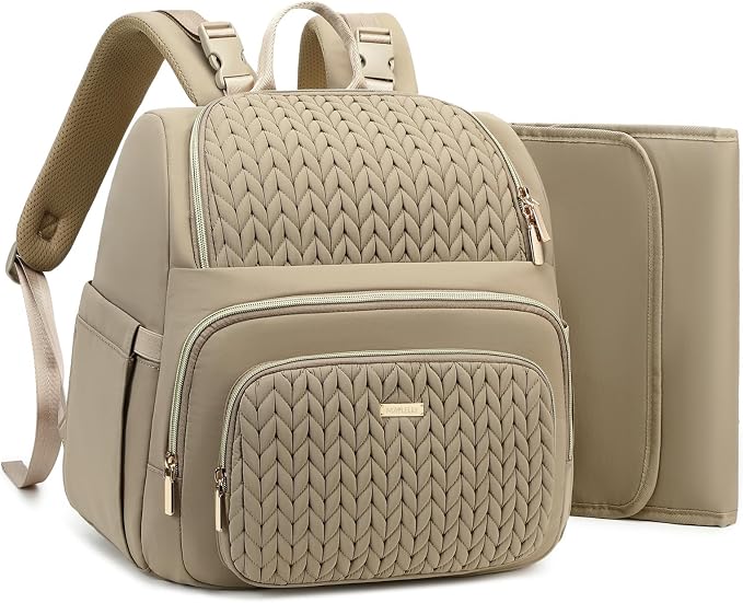 MAPLELILY Large Diaper Bag Backpack, Stylish Baby Travel Diaper Bag, Brown | Lightweight maternity hospital backpack. With changing pad, stroller straps, insulated pocket. Mom, dad, toddler by MAPLELILY