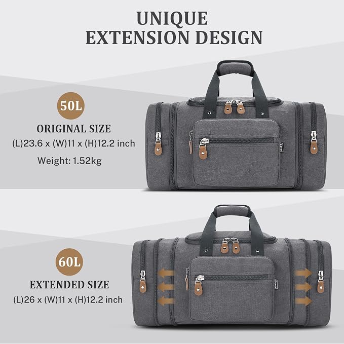 Gonex Canvas Duffle Bag, Expandable 60L Travel Overnight Weekender Bag | for Men, with Toiletry Bag, Multiple Pockets, Carry-On Size, Durable Zippers, Detachable Strap, Gray - Image 2