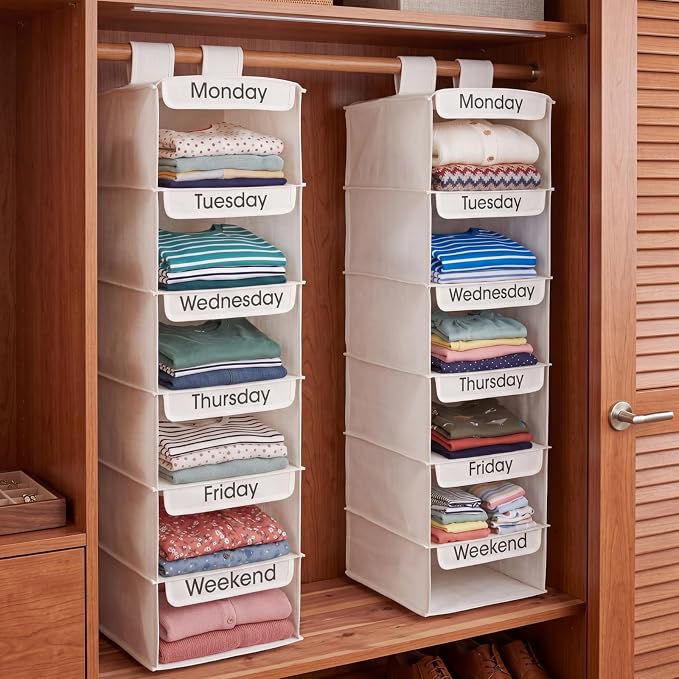 Sintuff 2 Pcs Heavy Duty 6 Shelf Weekly Hanging Closet Organizer for Kids Days of Week Clothing Organization Labeled Monday to Friday Clothes Divider for Weekday Weekend School Outfits by Sintuff