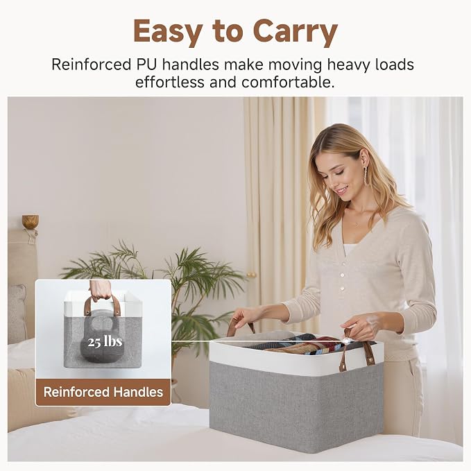 StorageWorks Fabric Storage Bin, Closet Bins, Gray and White, Large, 2-Pack | With Reinforced PU Handles, Metal Frame, Collapsible, Storage Basket for Shelves, Closet, Holds Clothes, Towels, Blankets - Image 5
