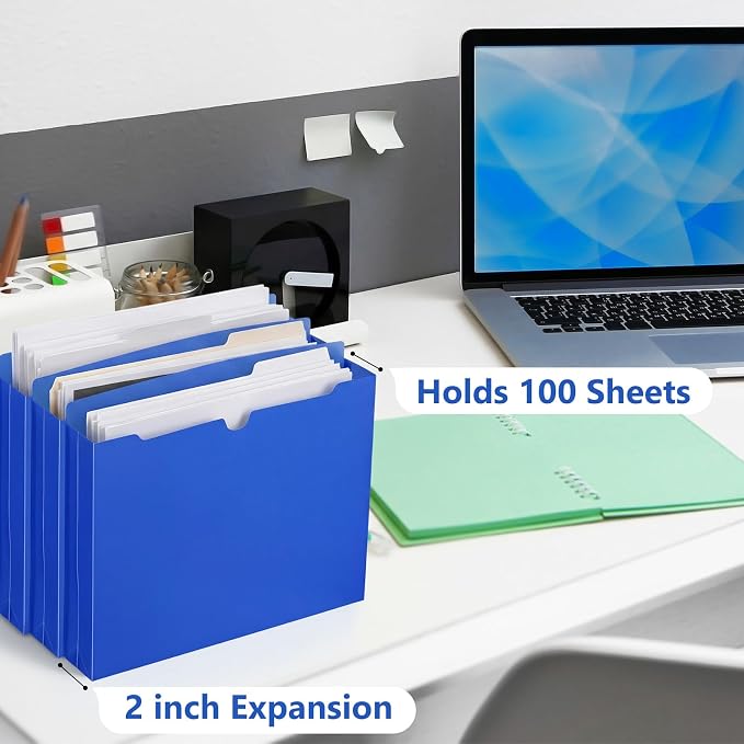 Dunzoom 50 Pack File Jackets Letter Size 2 Inch Blue Expansion Manila Plastic File Folders Expandable Heavy Duty Reinforced Straight Cut Tab Expandable Document Jacket for Office - Image 3