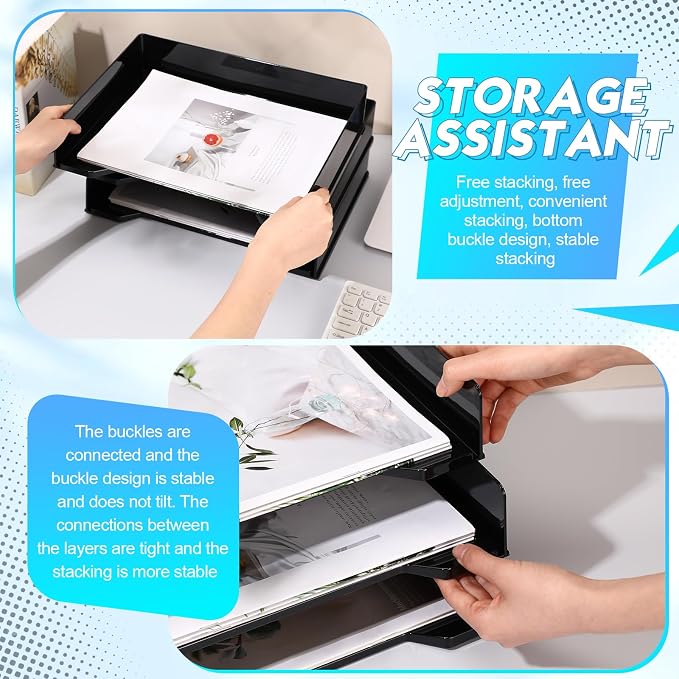 DoubleFill 4 Pcs Stackable Letter Tray Plastic Paper Tray, Black | 13 x 9.5 x 2.6 In, Rectangular, Paper Holder, File Tray for Desktop Office Desk Drawers - Image 5